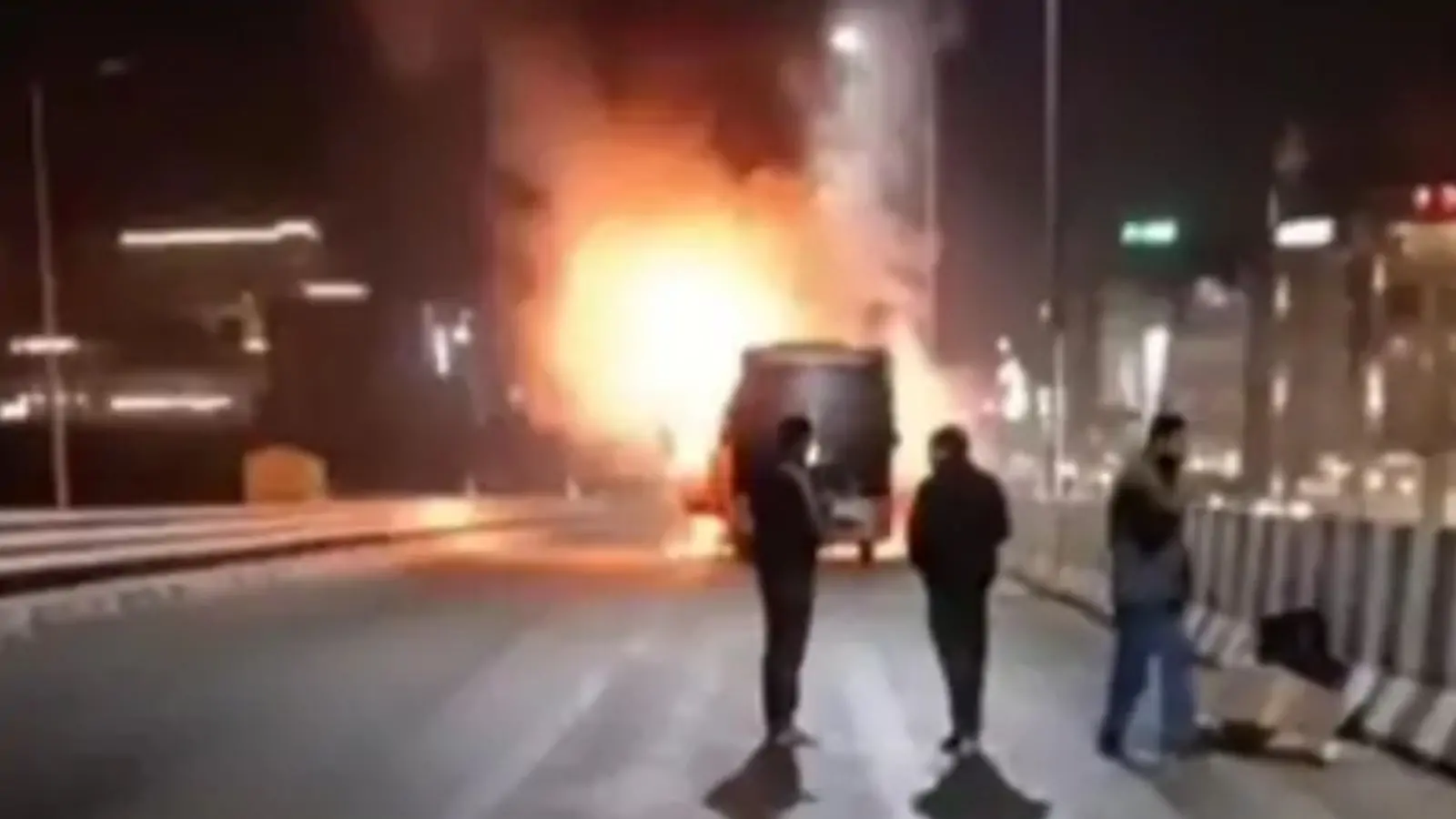 A moving bus caught fire on a flyover in Mohali, with flames visible from a distance. Several passengers were on board.