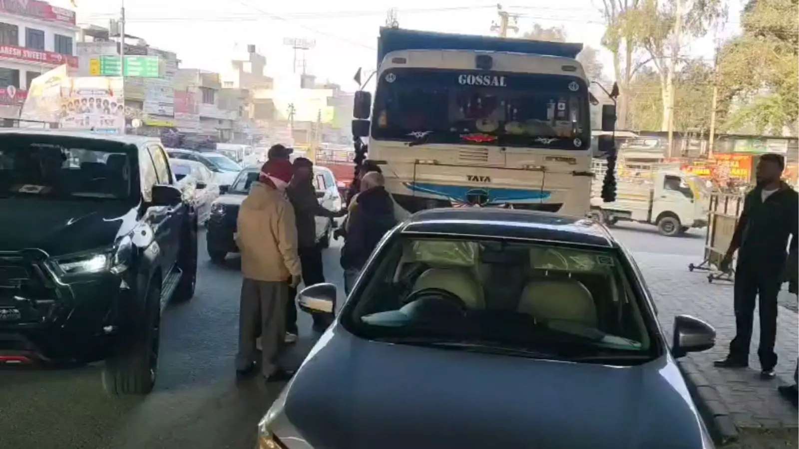 Tipper hits school bus and car at Rama Mandi Chowk in Jalandhar