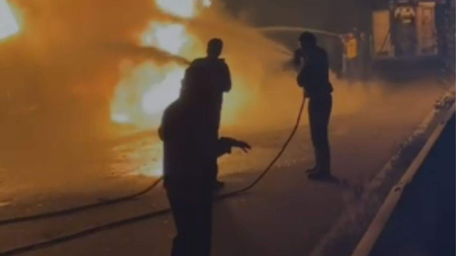 A truck loaded with chemicals caught fire on the highway in Jalandhar.